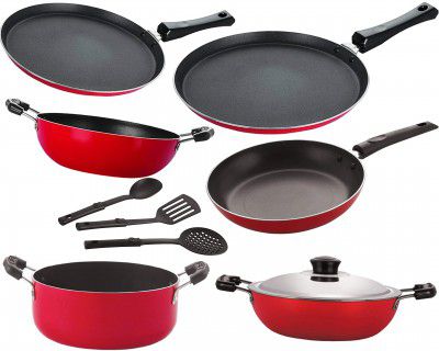 Nirlon Non Stick Aluminium cookware Set of 9 Pieces Kitchenware Utensils Combo Offer [FT13_DKDB_KD13_FT11_Cass20_TP24_3SPN]