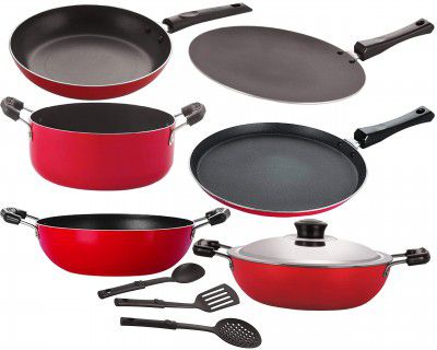 Nirlon Non Stick Aluminium cookware Set of 9 Pieces Kitchenware Utensils Combo Offer [26_CT_KD12_DKDB_FT11_Cass20_TP24_3SPN]