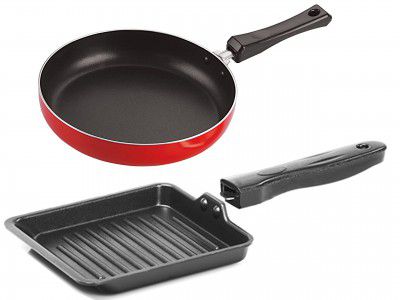 NIRLON Non Stick Aluminium Fry Pan/ Pasta Pan and Grill Pan Combo (Fry Pan 13.5cm,Grill Pan 14cm)
