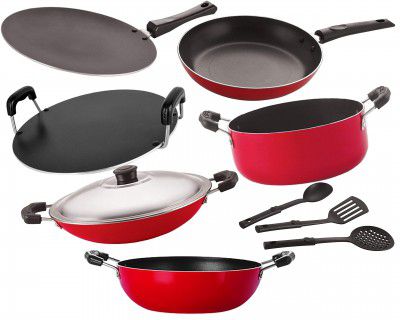 Nirlon Non-Stick Aluminium Heavy Guage Cookware Set for Cooking, Red & Black -9-Pieces [26_CT_KD13_CHATTI_RT_Cass20_TP24_3SPN]
