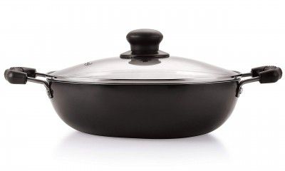 NIRLON Non-Stick Aluminium Induction & Gas Compatible Cookware Deep Kadhai with Glass Lid, 22cm- 2.25 Liter, Black