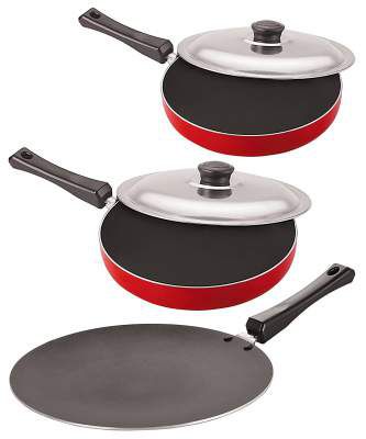 Nirlon Non-Stick Dishwasher Safe Fry Pan and Roti Tawa Cookware Combo Utensil Set with Steel Lid, 2.6mm_CT12_FP12_FP13