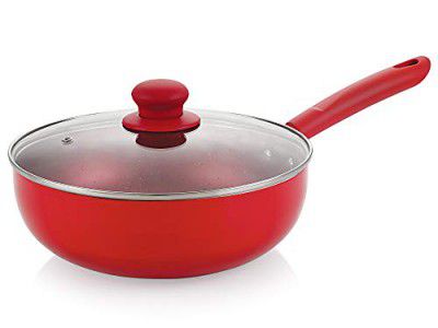Nirlon Non Stick Induction Base Dishwasher Safe Aluminium Red Velvet Deep Kadhai with Glass Lid [Red Velvet]