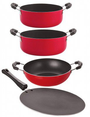 Nirlon Nonstick Aluminium Cookware Set, Red & Black (4-Pieces) (CT11_KD10_CS20_CS24)