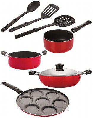 Nirlon Nonstick Coated Aluminium 7 Pcs Set of Deep Kadhai-22cm,Sauce Pan-16cm,Casserole-22cm,Uttapam-7 Cavity & 3 Spoon