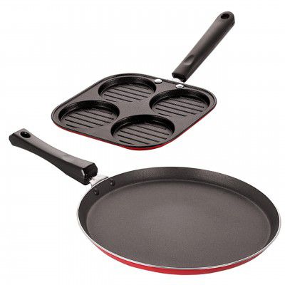 Nirlon Nonstick Cookware Combo Set of 2 Pieces Dishwasher Safe Including Casting Uttapam-4 Cavity & Flat Tawa-24cm (Color-Red)