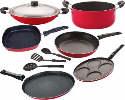 Nirlon Nonstick Cookware Set Standard, Dishwasher Safe, 9-Pieces, Red [FT13_TP_AC_GP(22.5)_Cass20_UP4_3SPN]