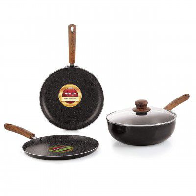 Nirlon Smoky Wood Nonstick Cookware Pots and Pans Utensil Set with Glass Lid (4 Piece)