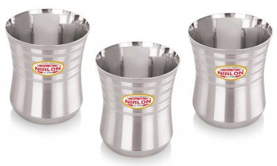 NIRLON Stainless Steel Damru Shape Heavy Gauge Glass Set of 3, 300ml