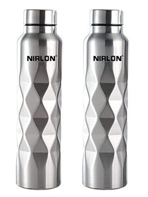 NIRLON Stainless Steel Single Wall Diamond Cut Water Bottle/Fridge Refrigerator Bottle/ 100% Leak Proof/Office Bottle/School Bottle, 1000 ML, Set of 2 (FB_Crystal Cool)