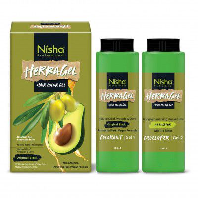 Nisha Herba Care Hair Colour & Beard Colour Gel 200ml (100ml Colorant + 100ml Developer), Original Black,