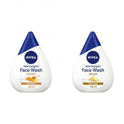 NIVEA Face Wash, Milk Delights Moisturizing Honey, Dry Skin, 100ml And NIVEA Face Wash, Milk Delights Fine Gramflour, Oily Skin, 100ml