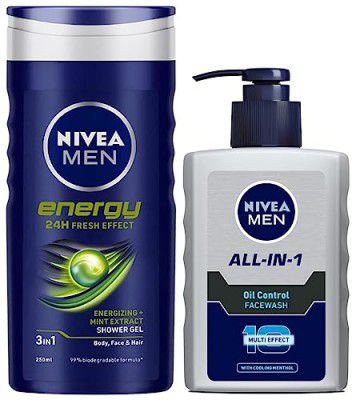 NIVEA Men Face Wash, Oil Control, 10x Vitamin C, 150ml & Men Body Wash, Energy with Mint Extracts, Shower Gel for Body, Face & Hair, 250 ml
