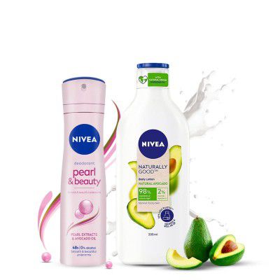 NIVEA Naturally Good, Natural Avocado Body Lotion, 200 ml and Nivea Pearl and Beauty Deodorant 48Hours, 150ml