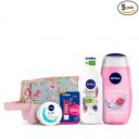 NIVEA Naturally Good, Natural Lavender Body Lotion, 200 ml, NIVEA Women Shower Gel, 125 ml, Nivea Soft Crème 50ml and Nivea Lip Care Fruity Shine Cherry, 4.8g with Pink Floral Styling Pouch...