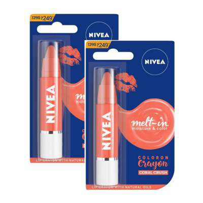 NIVEA NIVEA Coloron Lip Crayon Coral Crush, Coral, 3 g (Pack of 2)