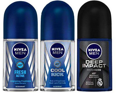 Nivea Roll-On Deodorant Deep Impact + Cool Kick + Fresh Active For Men, Pack Of 3 (50Ml Each)