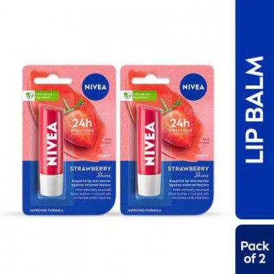 NIVEA Strawberry Fruity Shine Lip Balm Strawberry (Pack of: 2, 9.6 g)