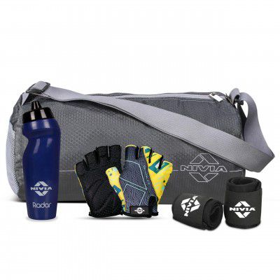 Nivia Basic Gym Combo for Men & Women, Polyester Gym Bag (11 litres), Gym Gloves (Size-L), 625 ml Water Sipper and Wrist Band (Free Size), Pack of 4