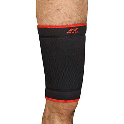 Nivia Orthopedic Thigh Support Slip-In for men and women Brace Wrap for pain relief, running, Thigh Pain Relief, One Size Fit Most, Size-Small (Black/Red) (M)