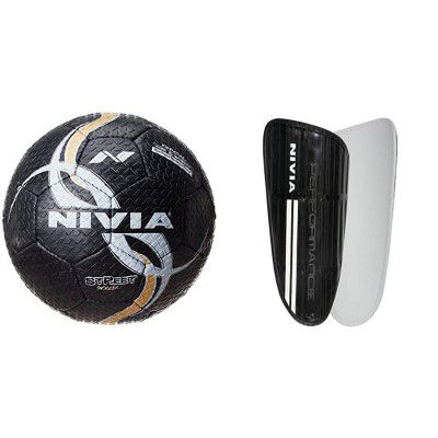 Nivia Street Rubber Football, Size 5 (Black) & Nivia SG-806 Performance Football Shin Guard Black, Medium Combo