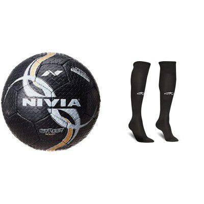 Nivia Street Rubber Football, Size 5 (Black) & Nivia 728MBW Encounter Blend Stockings, Medium (Black) Combo