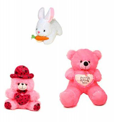 nkl Soft Teddy Bear with Heart Pink 2 feet (60 cm) +1 Feet Cap Teddy 30 Pink + Rabbit with Carrot White (25 cm)