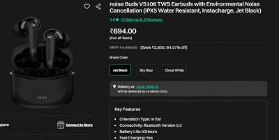 noise Buds VS106 TWS Earbuds with Environmental Noise Cancellation (IPX5 Water Resistant, Instacharge, Jet Black)