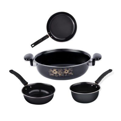 Nonstick Cookware Gift Set, Includes Kadai, Big Tadka, Small Tadka, Frypan, Kitchen Tool Set, 4 Pieces Kitchen Set(Black)