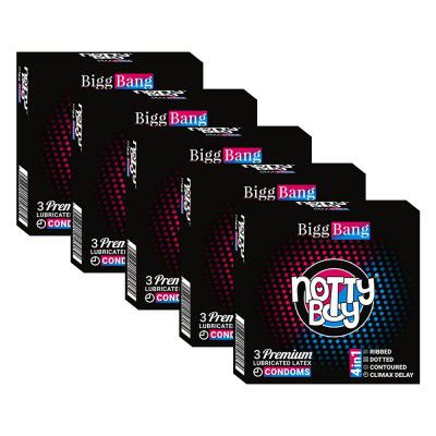 NOTTY BOY BiggBang 4-in-1 Climax Delay Ribbed Dotted Contoured Extra Time Condom For Men - 15 Count (Pack of 5)