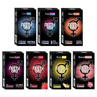 NOTTY BOY Combo Condom Pack - Extra Time, Ultra Ribbed, Raised Dots, Banana, Bubblegum and Strawberry Flavour (Set Of 7, 70 Unit)