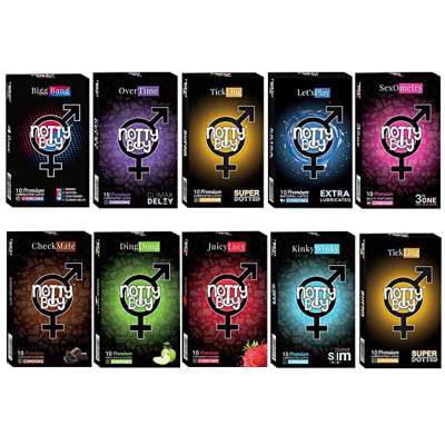 Notty Boy 100 pc condom Honeymoon Family Pack Combo (Ribbed, Dotted, Long Lasting, Extra Thin, Super Dotted, Plain Smooth, Contour, Strawberry, Chocolate, Apple Flavour)