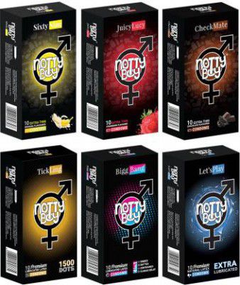 NottyBoy Honeymoon Package - 4 in 1, 1500 Dots, Banana, Strawberry, Chocolate, Lubricated Condom  (Set of 6, 60 Sheets)