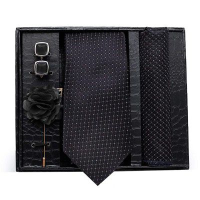 nu-Lite Formal/Casual Printed Polyester Necktie Set with Pocket Square, Brooch Pin and Cufflinks for Men