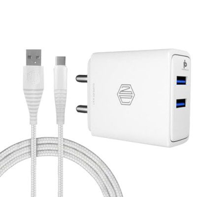 Nu Republic Sprint Streak 15.5W Dual USB Port Wall Charger 1M Type-C Cable, Multi-Layer Smart Chip Protection, Fast Charging Adaptor All iOS & Android Devices (White)
