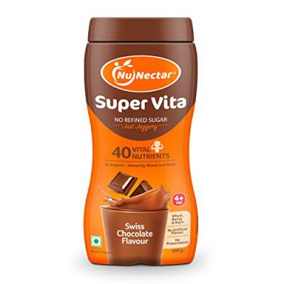 NuNectar Super Vita | Junk Free Health Drink for kids | No Sugar | 40 Nutrients | 500g | Swiss Chocolate flavour