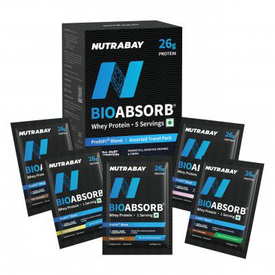Nutrabay BioAbsorb Whey Protein Powder - 181g (5 Sachet Assorted Pack | India's First Protein with ProDiFi™ Blend for Ultra-Fast Absorption | 26g Crossflow Microfiltered Whey