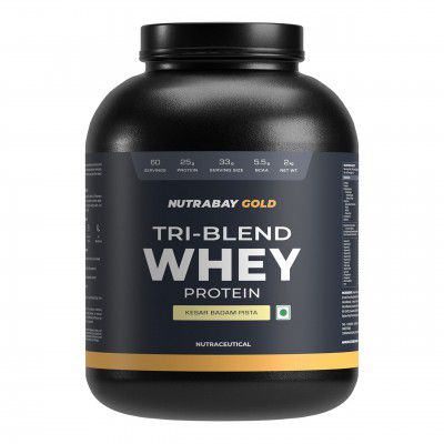 Nutrabay Gold Tri Blend Whey Protein Powder (Hydrolyzed, Isolate & Concentrate) - 25g Protein, 5.5g BCAA - 2Kg, Kesar Badam Pista