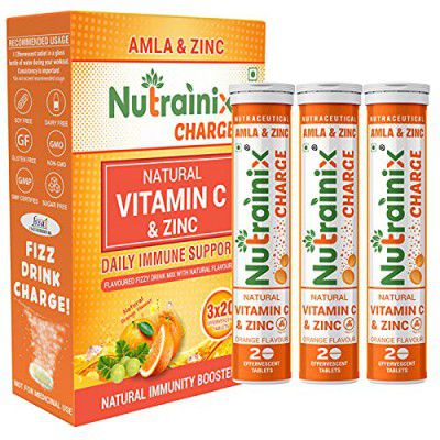 Nutrainix Charge Vitamin C Tablets with Zinc - Natural Amla Extract- 60 Effervescent Tablets - Immunity Booster - Antioxidants - Skin Whitening - Orange Flavour