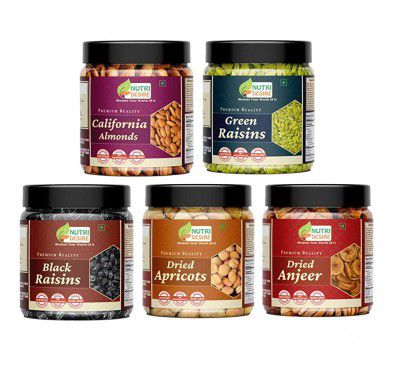 Nutri Desire Healthy Dry Fruits Combo Jar Pack (Almonds Green Raisins Black Raisins Apricots Fig, 1.25 Kg (Pack of 5 of 250 Grams))
