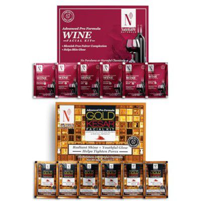 NutriGlow NATURAL'S Advance Pro Formula Wine & Gold Kesar Facial Kit For Radiance Shine, Youthfull Glow & Skin Cell Repair Kit - 60gm Each 2 x 60 g