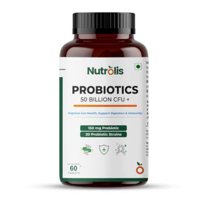 Nutrolis Prebiotic and Probiotic Supplement For Gut Health | 50 Billion CFU | 20 Probiotic Strains + 150mg Prebiotic | 60 Vegetarian Tablets