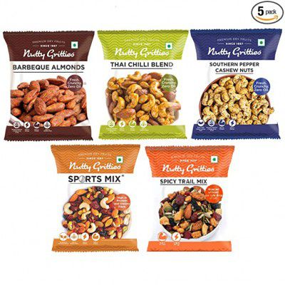 Nutty Gritties Trail Mix - Thai Chilli Blend, Sport Mix, Spicy Trail Mix, Barbeque Almonds and Pepper Cashew(Pack of 5) - 114g |Healthy Snack|Flavoured Nuts