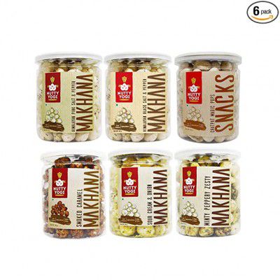 Nutty Yogi Sour Cream & Onion Makhana,Smoked Caramel Makhana, Pink Salt & Pepper Makhana, Minty Peppery Zesty Makhana, Chatpata Magic Pops, 40gm (Combo Pack of 6), Lotus Seeds,Indian Snack