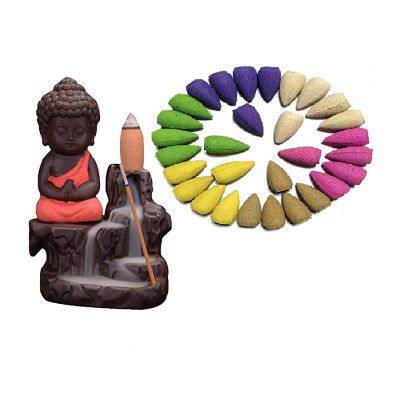 NYRWANA DELIVERING SMILES IN INIDA Clay Buddha Smoke Fountain with 30 Backflow Incense Cones (Red)