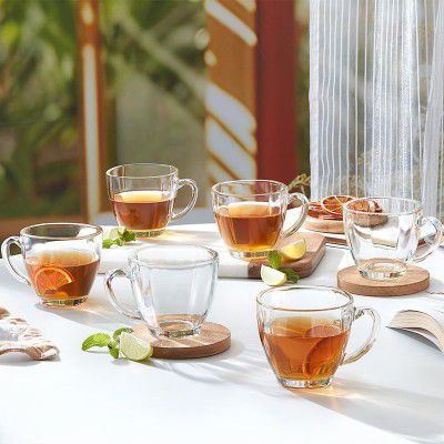 Oasis Tea/Coffee Set, Borosilicate Tuff Glass Made in India Cup Set Glass Coffee Mug (200 ml, Pack of 6)