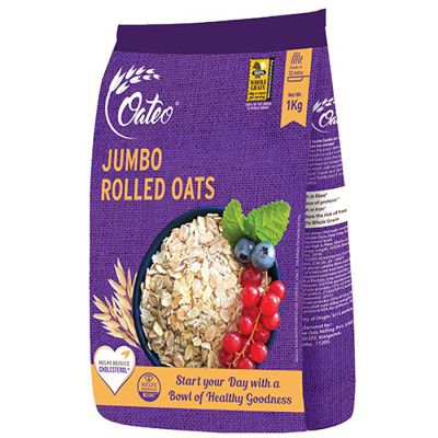 Oateo Jumbo Rolled Oats 1 kg | All natural, high fiber and delicious breakfast. Can be used to make healthy snacks. Great for weight loss