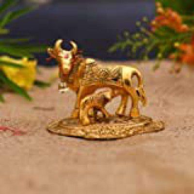 obbi Kamdhenu Cow with Calf Brass Like Metal Showpiece for Home Decor and Decorative Gift Item (Gold,@ 11CM)