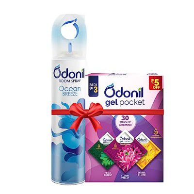 Odonil Spray & Gel Pocket Combo : Odonil&nbsp;Room&nbsp;Air Freshner&nbsp;Spray, Ocean Breeze - 220ml + Odonil Gel Pocket Mix - 30g (Assorted pack of 3 new fragrances) | For Home & Office | Long Lasti