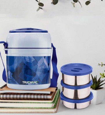 Office Plus Dark Blue Plastic & Steel Thermoware Lunch Box (Set Of 3 Containers)